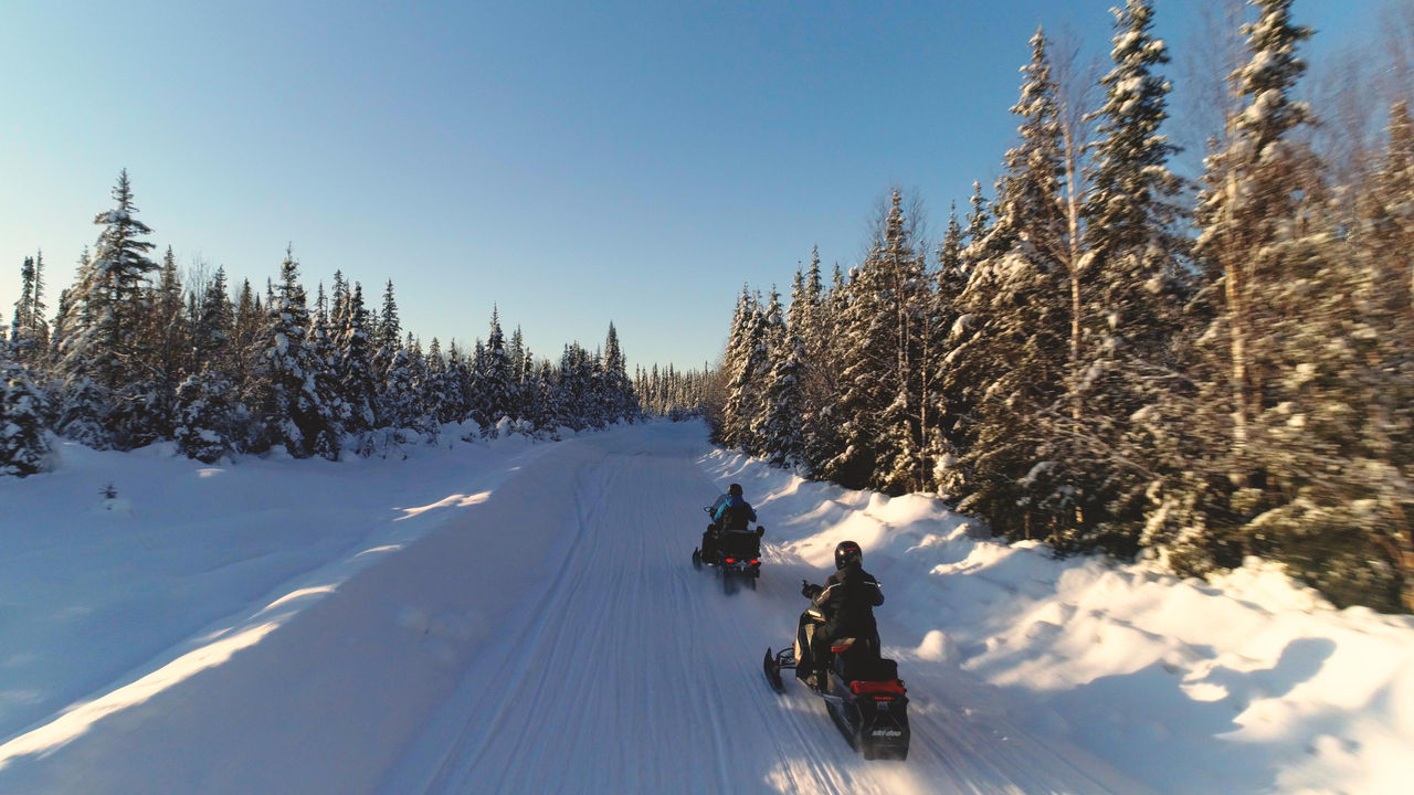 Snowmobile riders in a trail 