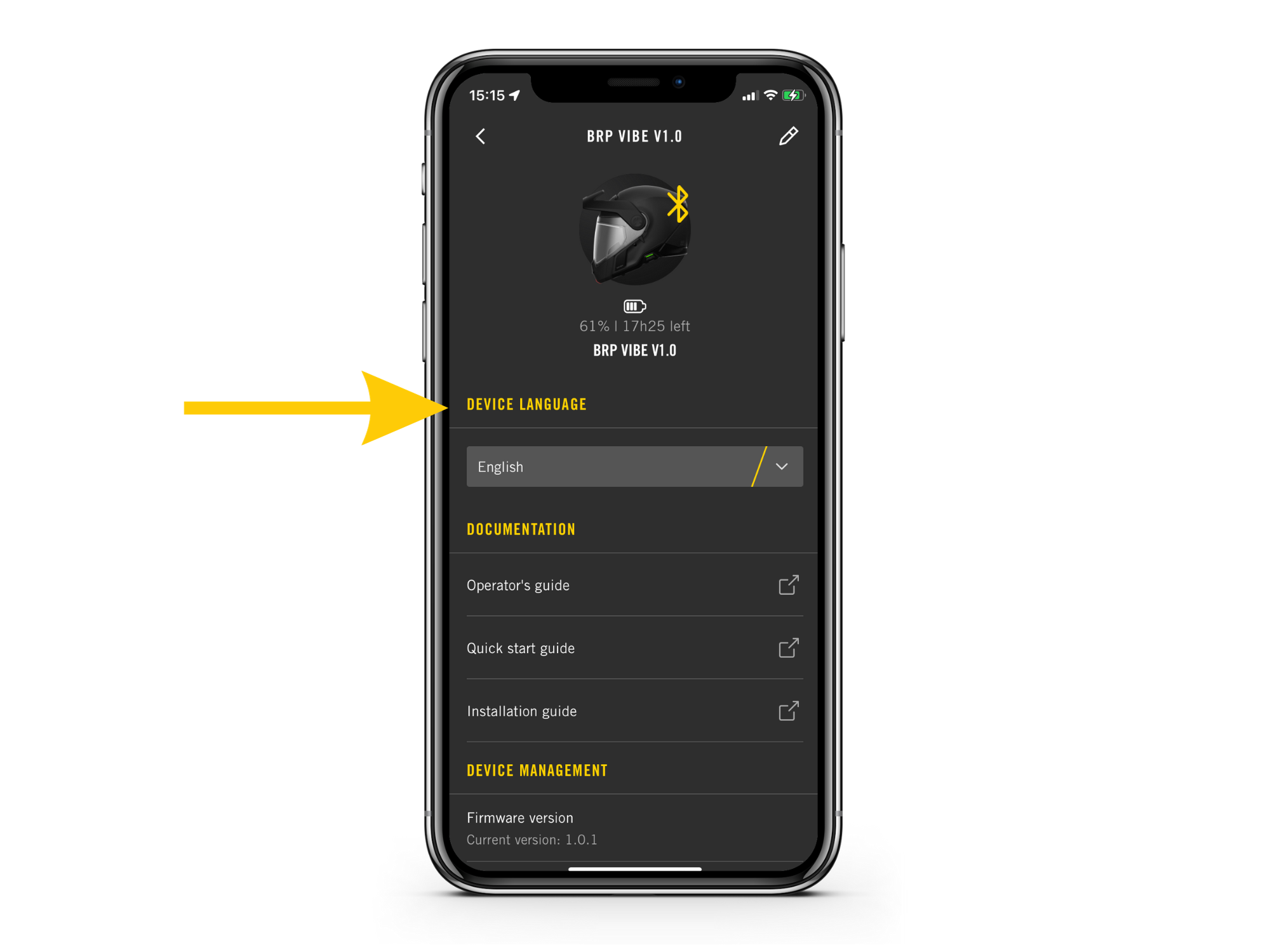 BRP GO!-appen viser Vibe-enhetens skjerm for språkadministrasjon