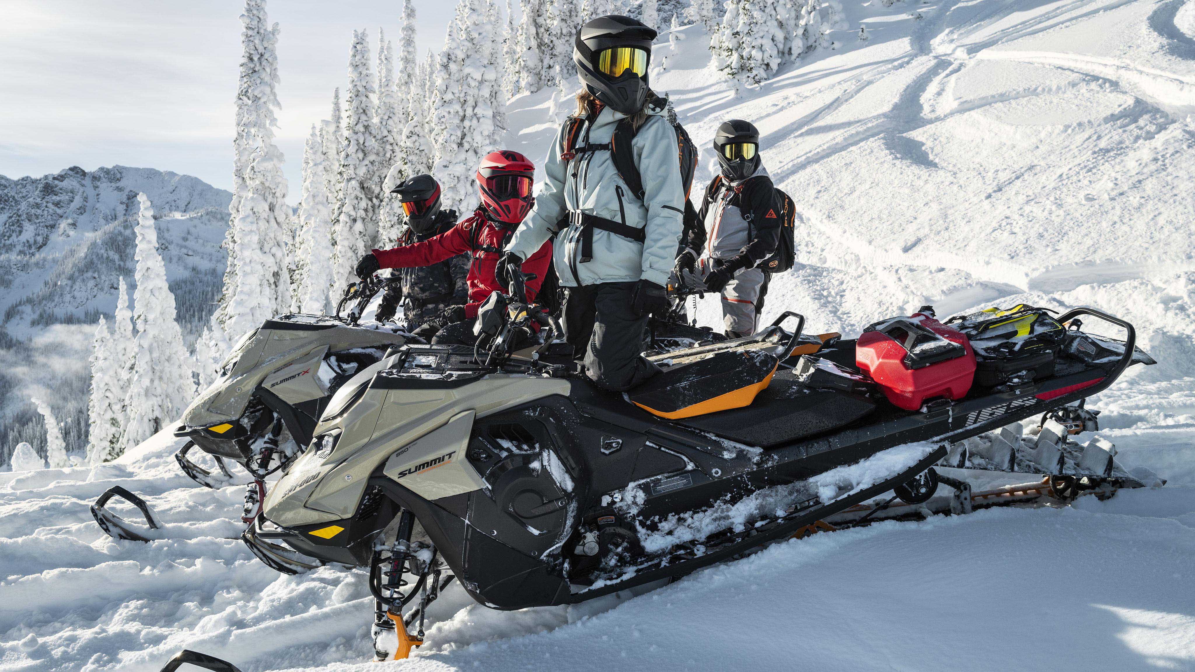 Group of snowmobilers on top of a mountain