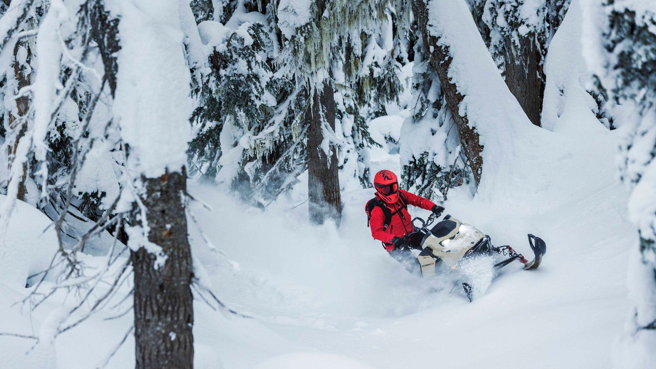 Woman riding a Ski-Doo Summit around trees