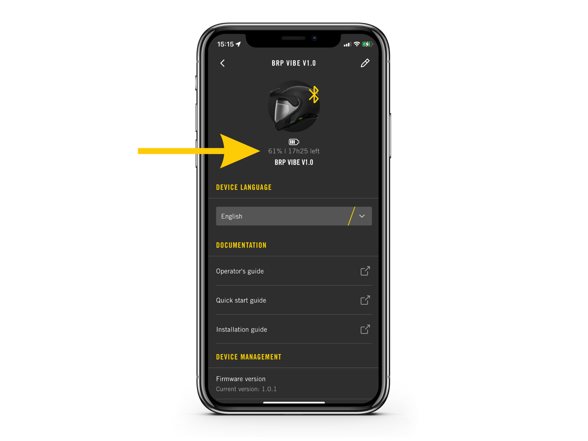 BRP GO!-appen visar Vibe-enhetens skärm för batterinivå