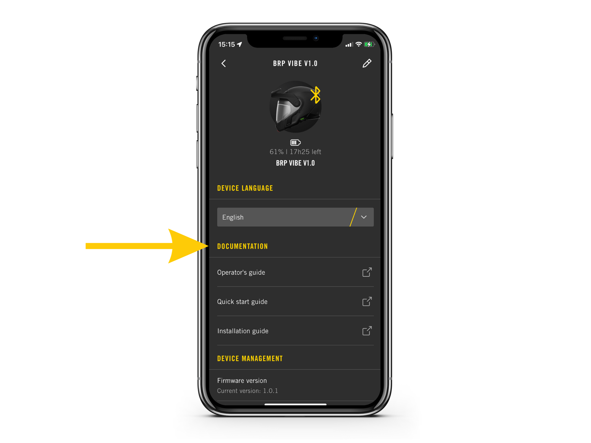 BRP GO!-appen viser Vibe-enhetens skjerm for fullstendig støttedokumentasjon
