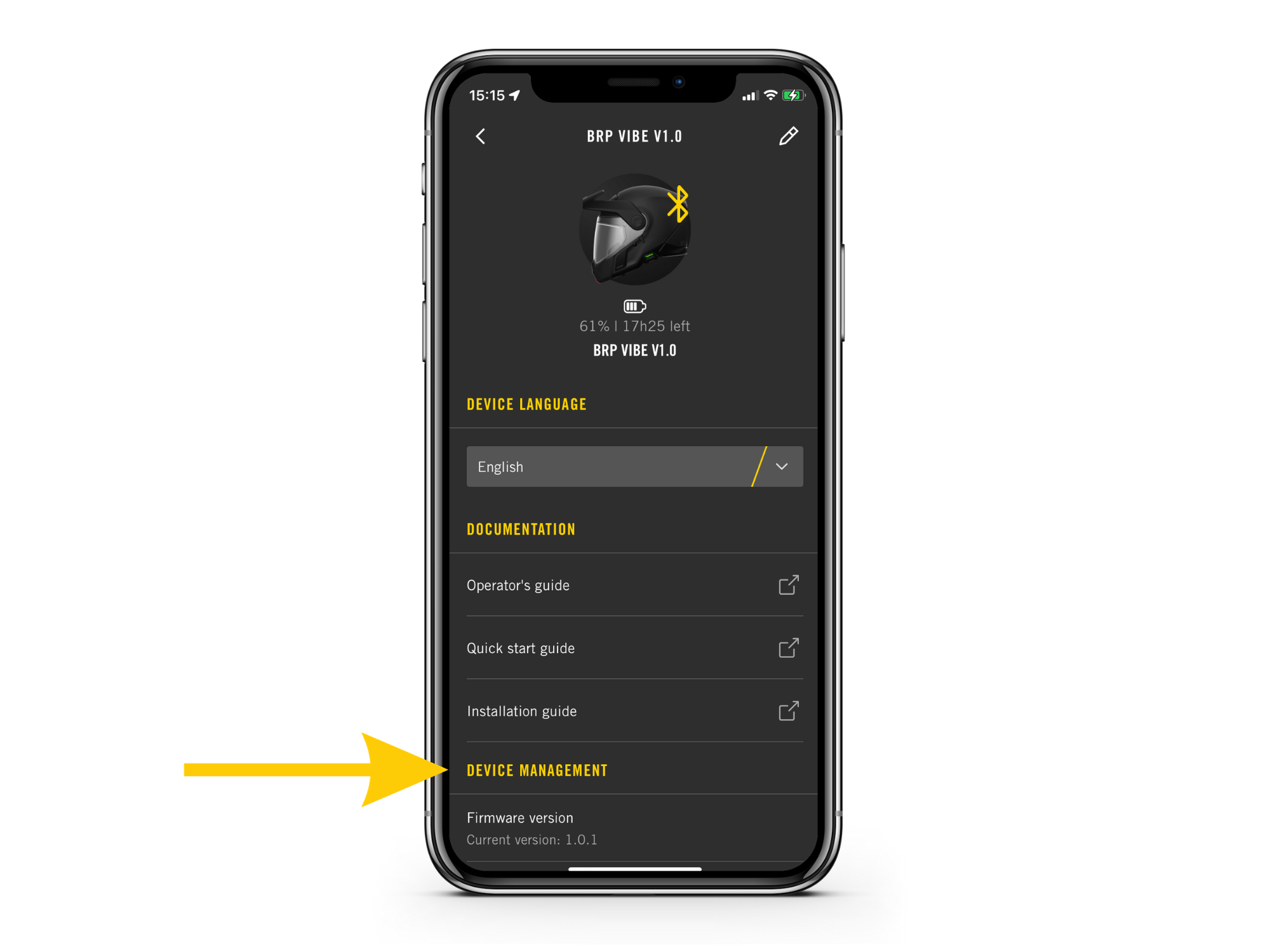 BRP GO!-appen viser Vibe-enhetens skjerm for fastvareversjon