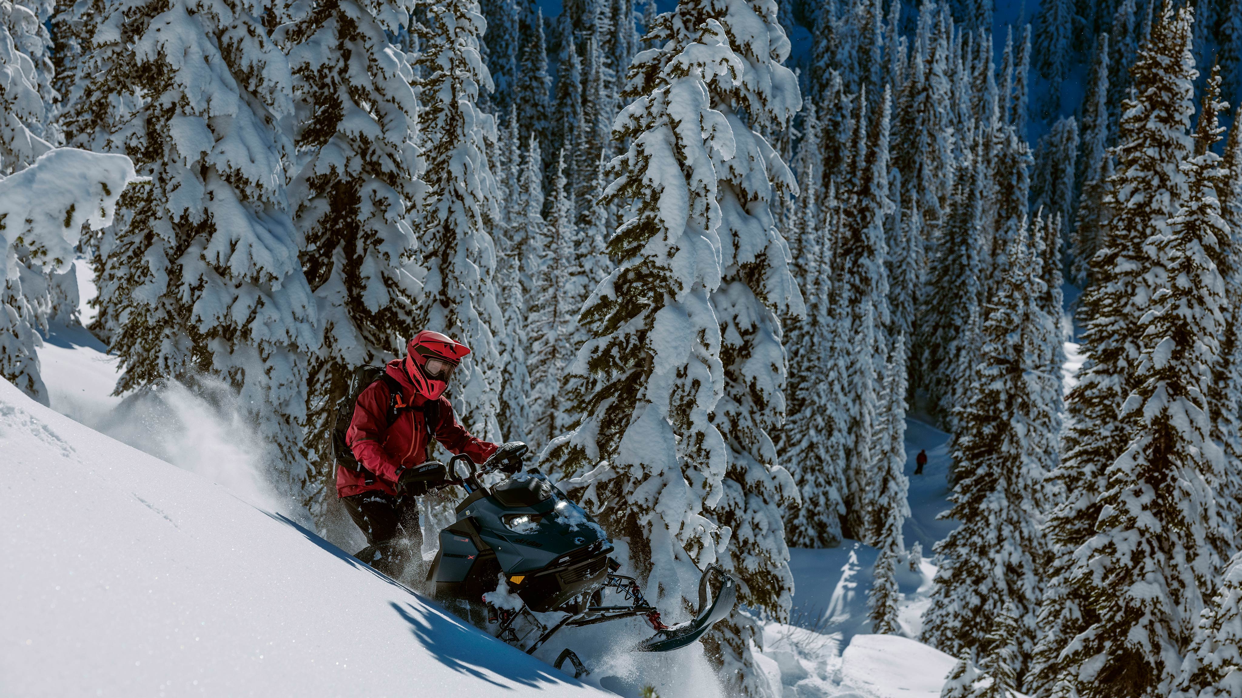Motoneige Ski-Doo Summit 2025 dans une forêt enneigée