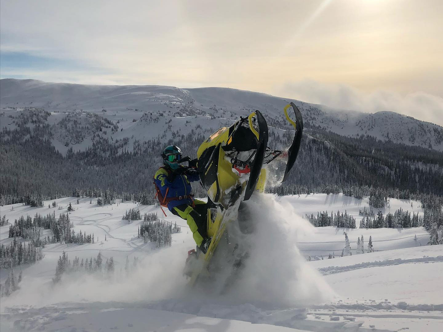 Dave Norona, proud Ski-Doo ambassador, performs a wheelie on this snowmobile