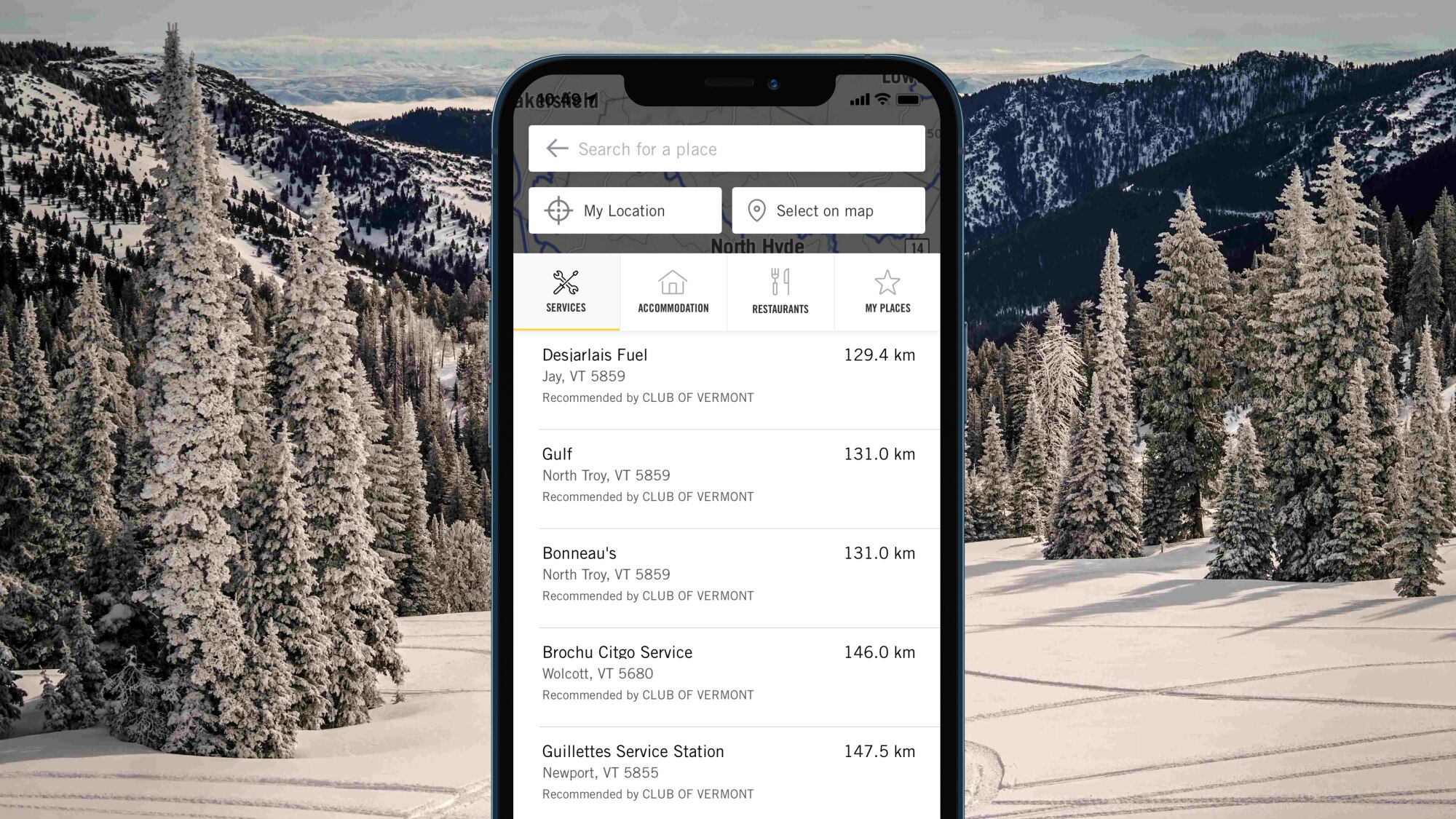 Søk etter steder av interesse for snøscooter i BRP GO!-appen