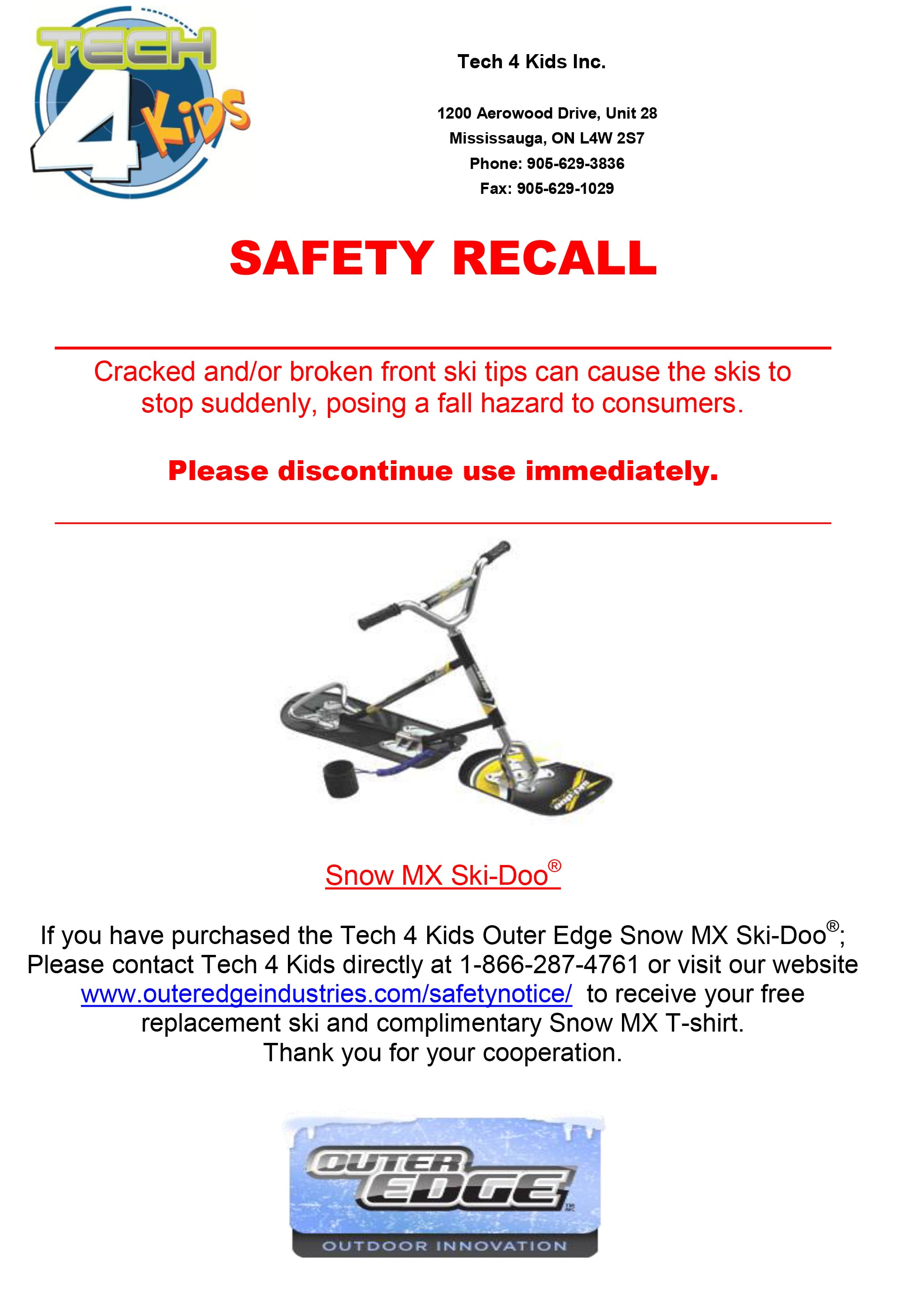 Tech 4 Kids Outer Edge Ski-Doo®  Snow MX Safety Recall